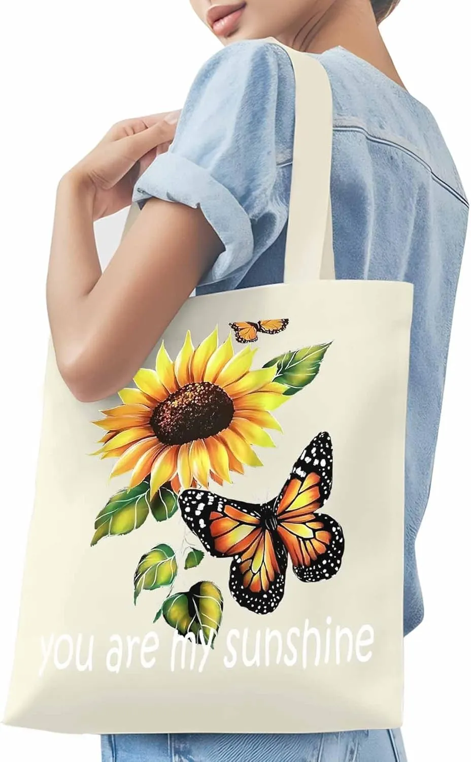 Canvas Tote Bag Butterfly Sunflower Watercolor Reusable Grocery Shopping Bags Sunshine Quote Large Canvas