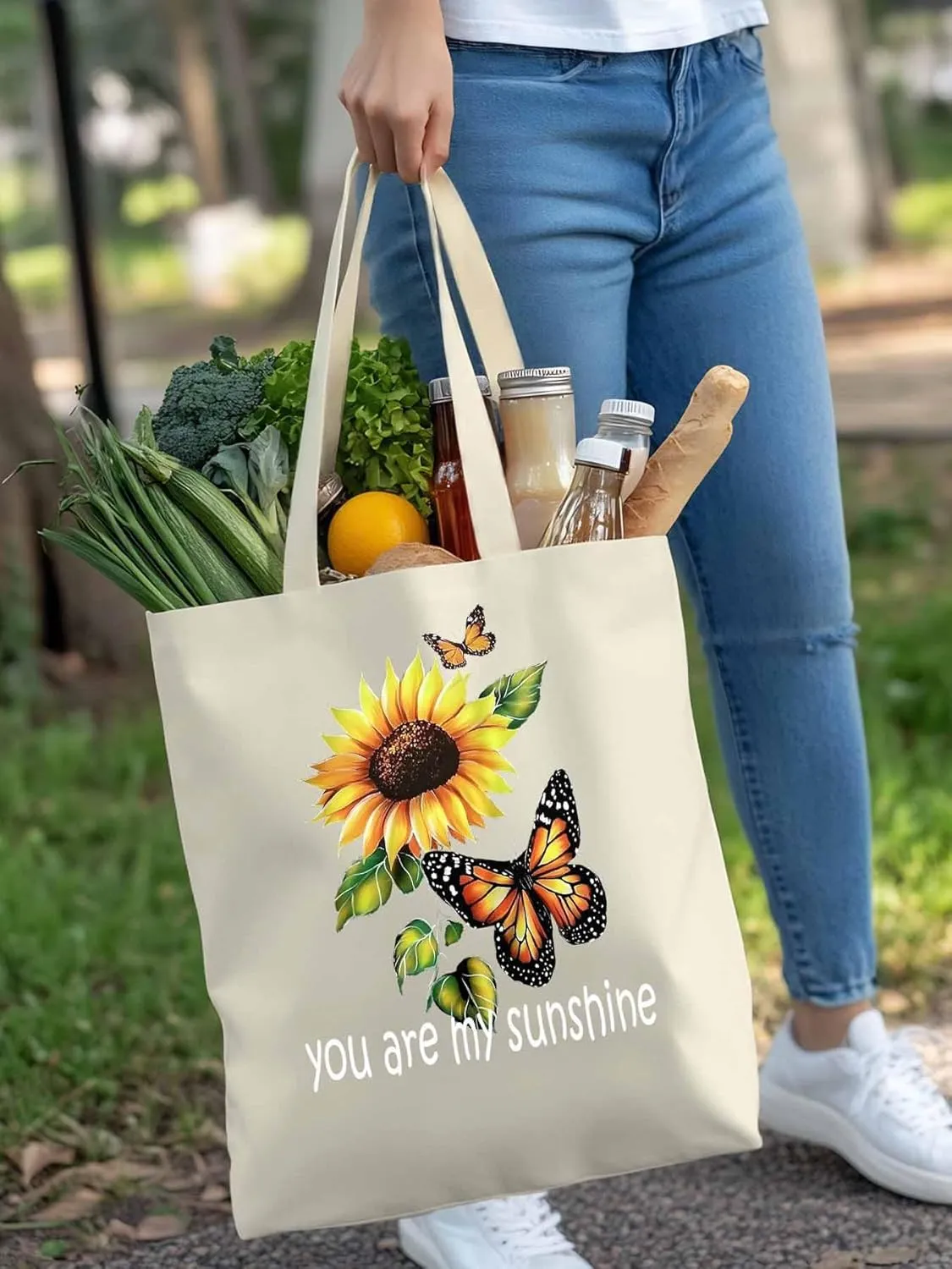Canvas Tote Bag Butterfly Sunflower Watercolor Reusable Grocery Shopping Bags Sunshine Quote Large Canvas
