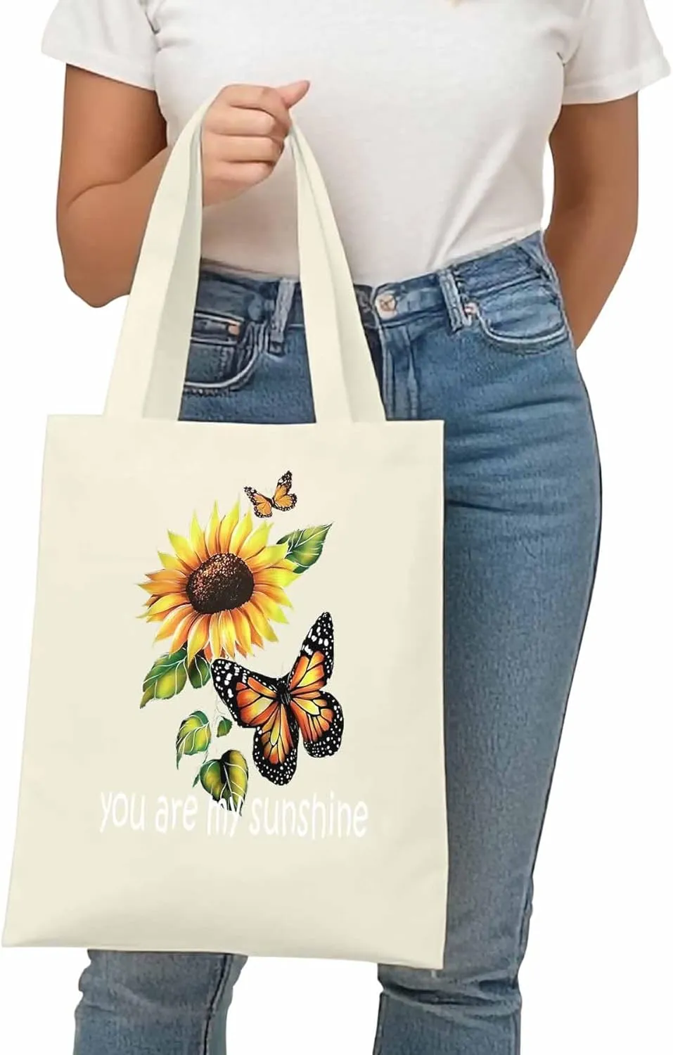 Canvas Tote Bag Butterfly Sunflower Watercolor Reusable Grocery Shopping Bags Sunshine Quote Large Canvas