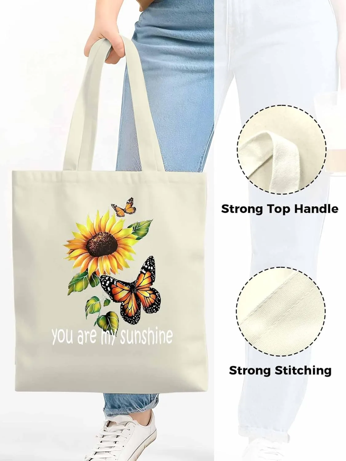 Canvas Tote Bag Butterfly Sunflower Watercolor Reusable Grocery Shopping Bags Sunshine Quote Large Canvas