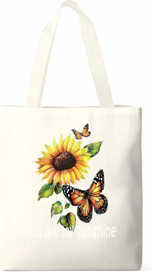 Canvas Tote Bag Butterfly Sunflower Watercolor Reusable Grocery Shopping Bags Sunshine Quote Large Canvas