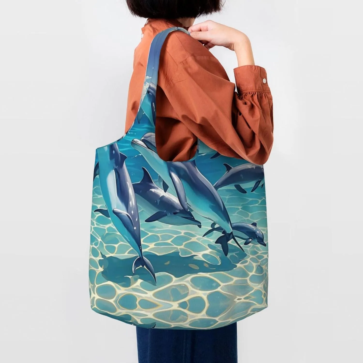 Canvas Tote Bag Lightweight Reusable Grocery Shopping Bag Dreamy Gradient Mermaid Scales Handbag for Women Men