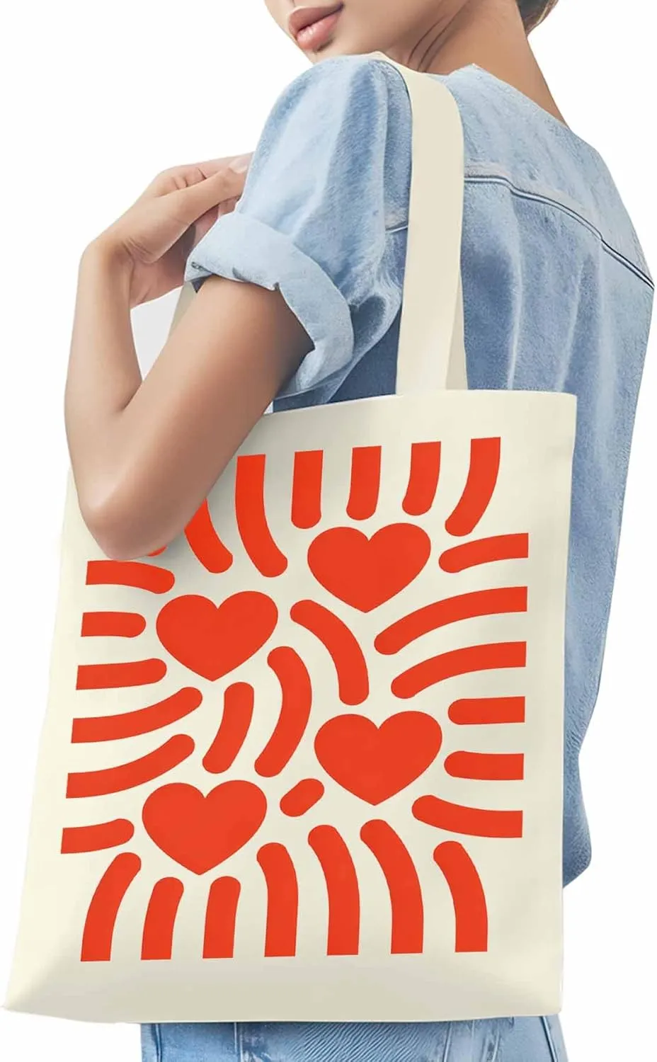 Canvas Tote Bag Red Love Heart Stripes Reusable Grocery Shopping Bags with Handle, Romance Large Canvas