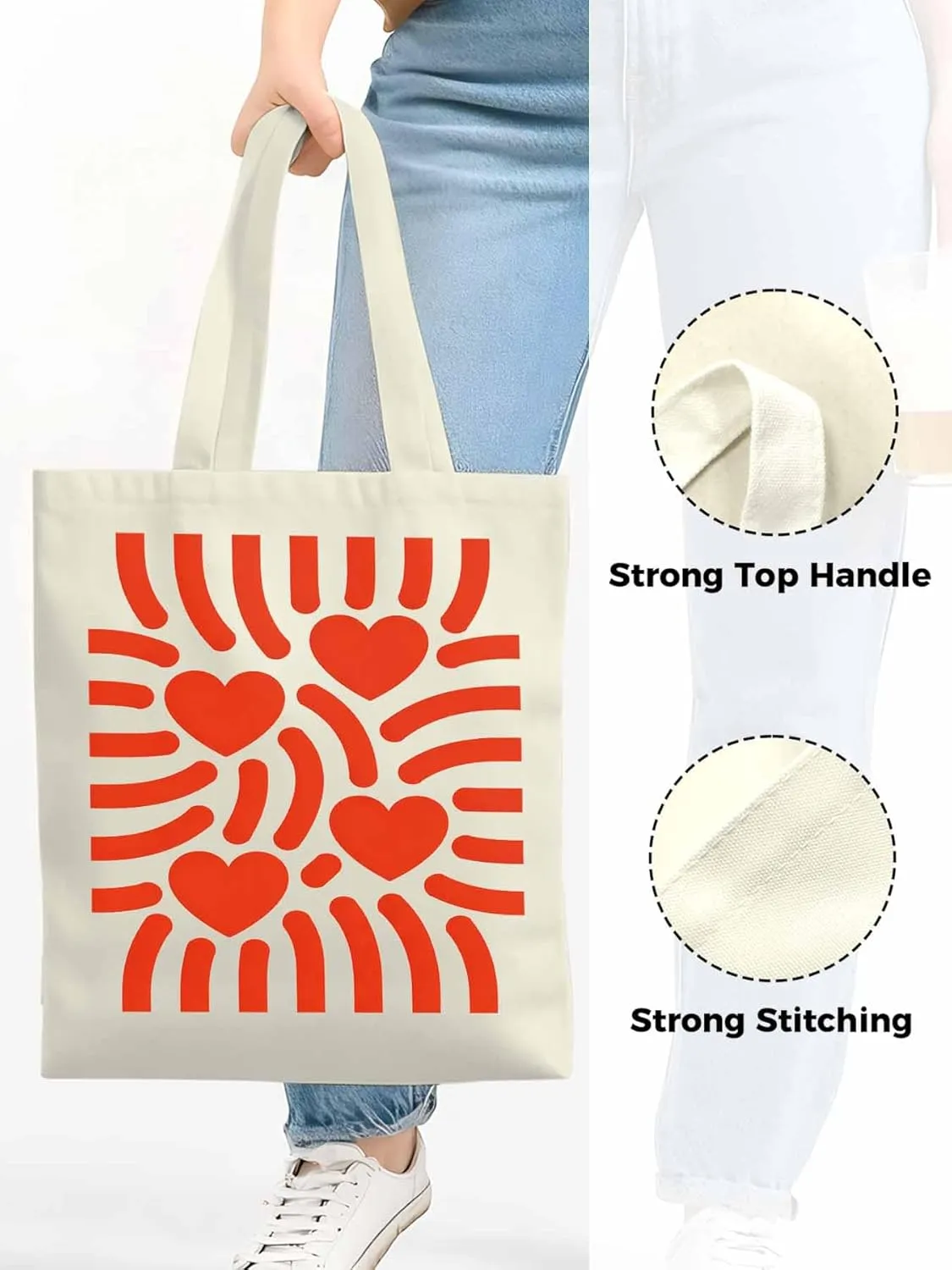 Canvas Tote Bag Red Love Heart Stripes Reusable Grocery Shopping Bags with Handle, Romance Large Canvas