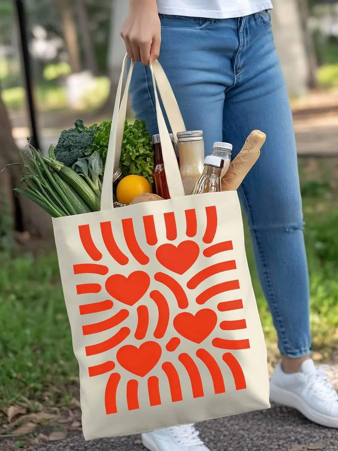 Canvas Tote Bag Red Love Heart Stripes Reusable Grocery Shopping Bags with Handle, Romance Large Canvas