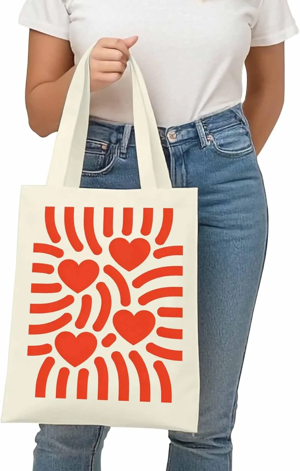 Canvas Tote Bag Red Love Heart Stripes Reusable Grocery Shopping Bags with Handle, Romance Large Canvas