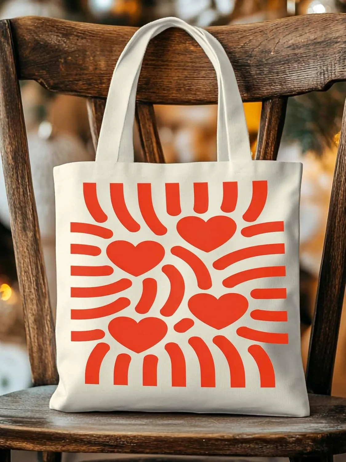 Canvas Tote Bag Red Love Heart Stripes Reusable Grocery Shopping Bags with Handle, Romance Large Canvas