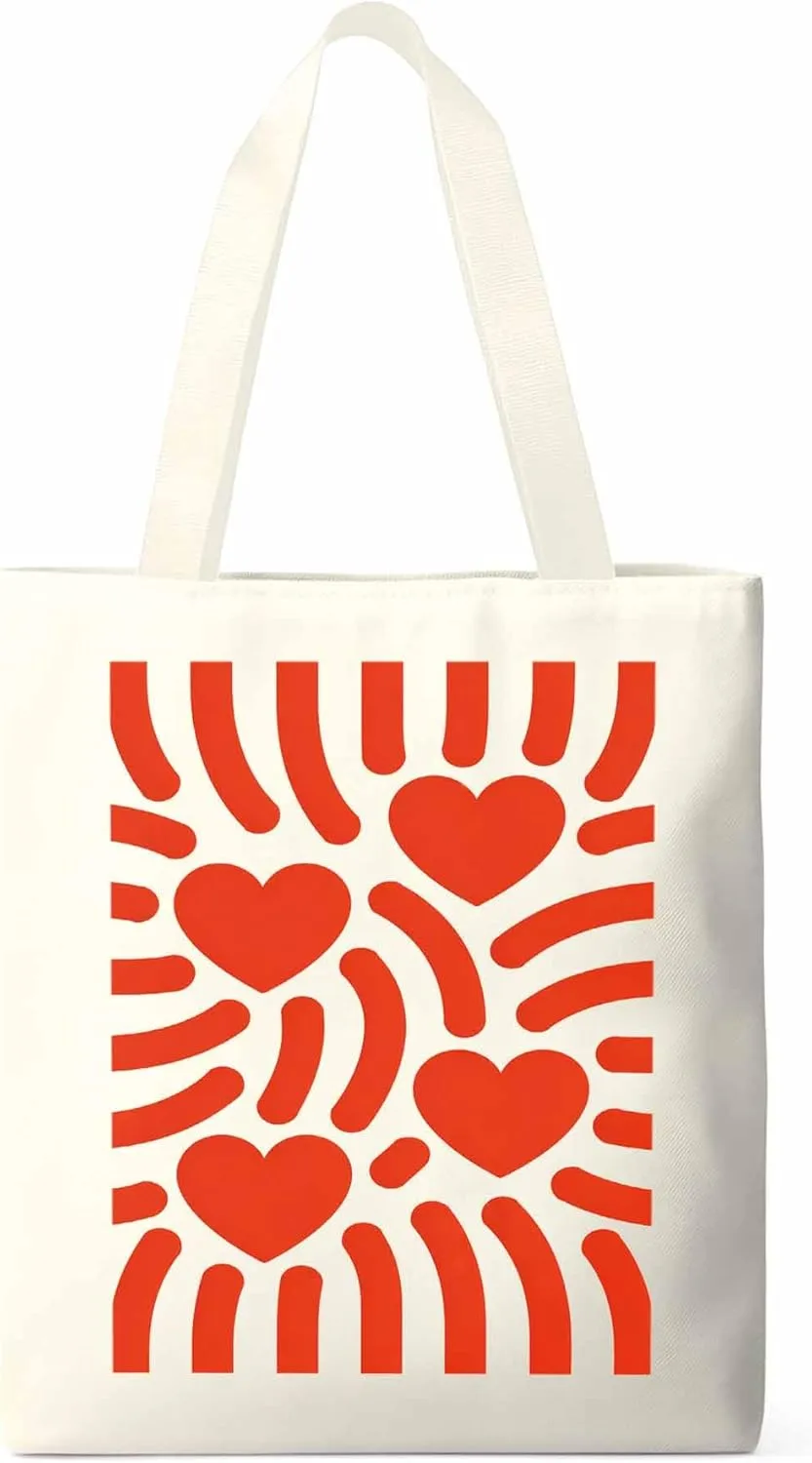 Canvas Tote Bag Red Love Heart Stripes Reusable Grocery Shopping Bags with Handle, Romance Large Canvas