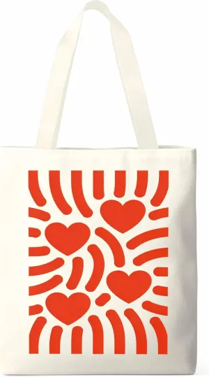 Canvas Tote Bag Red Love Heart Stripes Reusable Grocery Shopping Bags with Handle, Romance Large Canvas