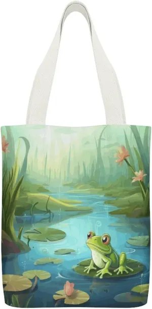 Canvas Tote Bags Frog in A Pond Print Reusable Grocery Bag Lightweight Shopping Handbag with Internal Pocket Double-sided Pattern