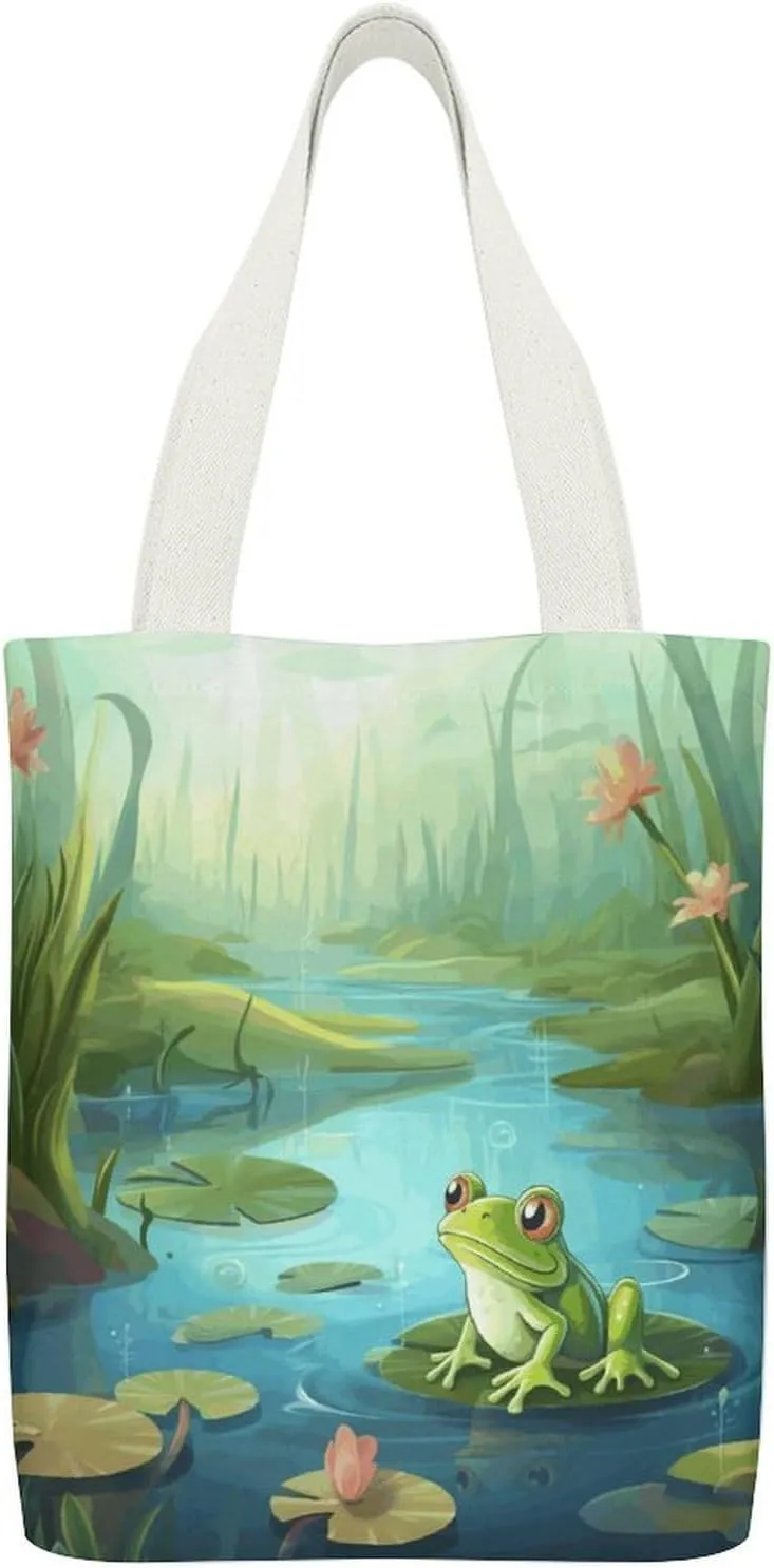 Canvas Tote Bags Frog in A Pond Print Reusable Grocery Bag Lightweight Shopping Handbag with Internal Pocket Double-sided Pattern