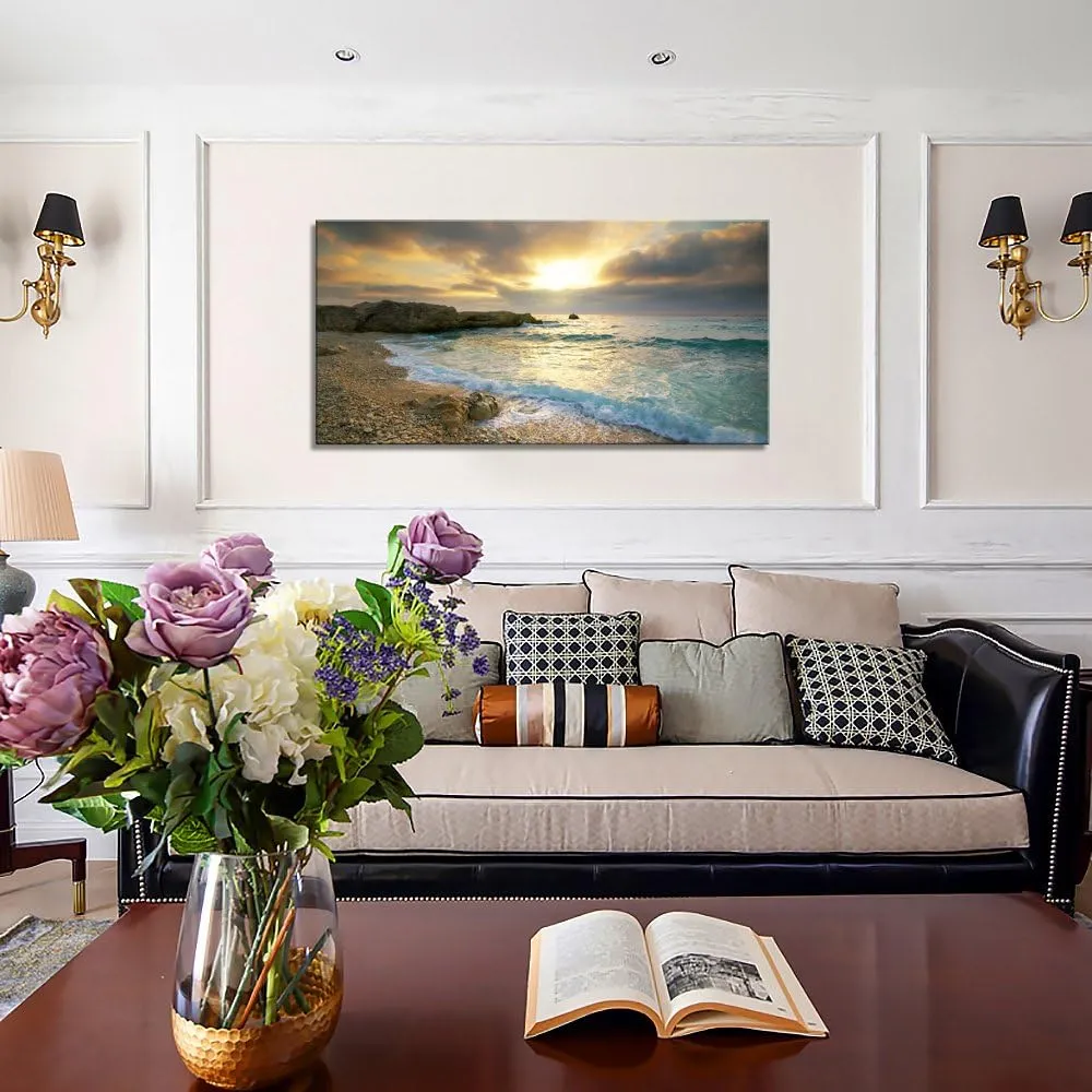 Canvas Wall Art Sunset Beach Blue Waves Ocean Art Large Modern Artwork Canvas Prints Contemporary Pictures Framed Ready to Hang for Home Decoration