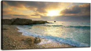 Canvas Wall Art Sunset Beach Blue Waves Ocean Art Large Modern Artwork Canvas Prints Contemporary Pictures Framed Ready to Hang for Home Decoration