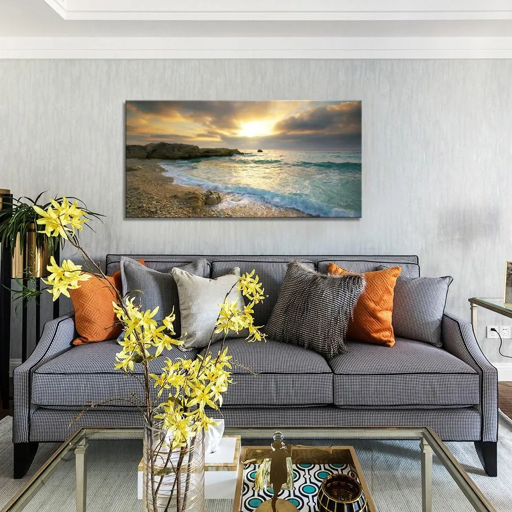 Canvas Wall Art Sunset Beach Blue Waves Ocean Art Large Modern Artwork Canvas Prints Contemporary Pictures Framed Ready to Hang for Home Decoration