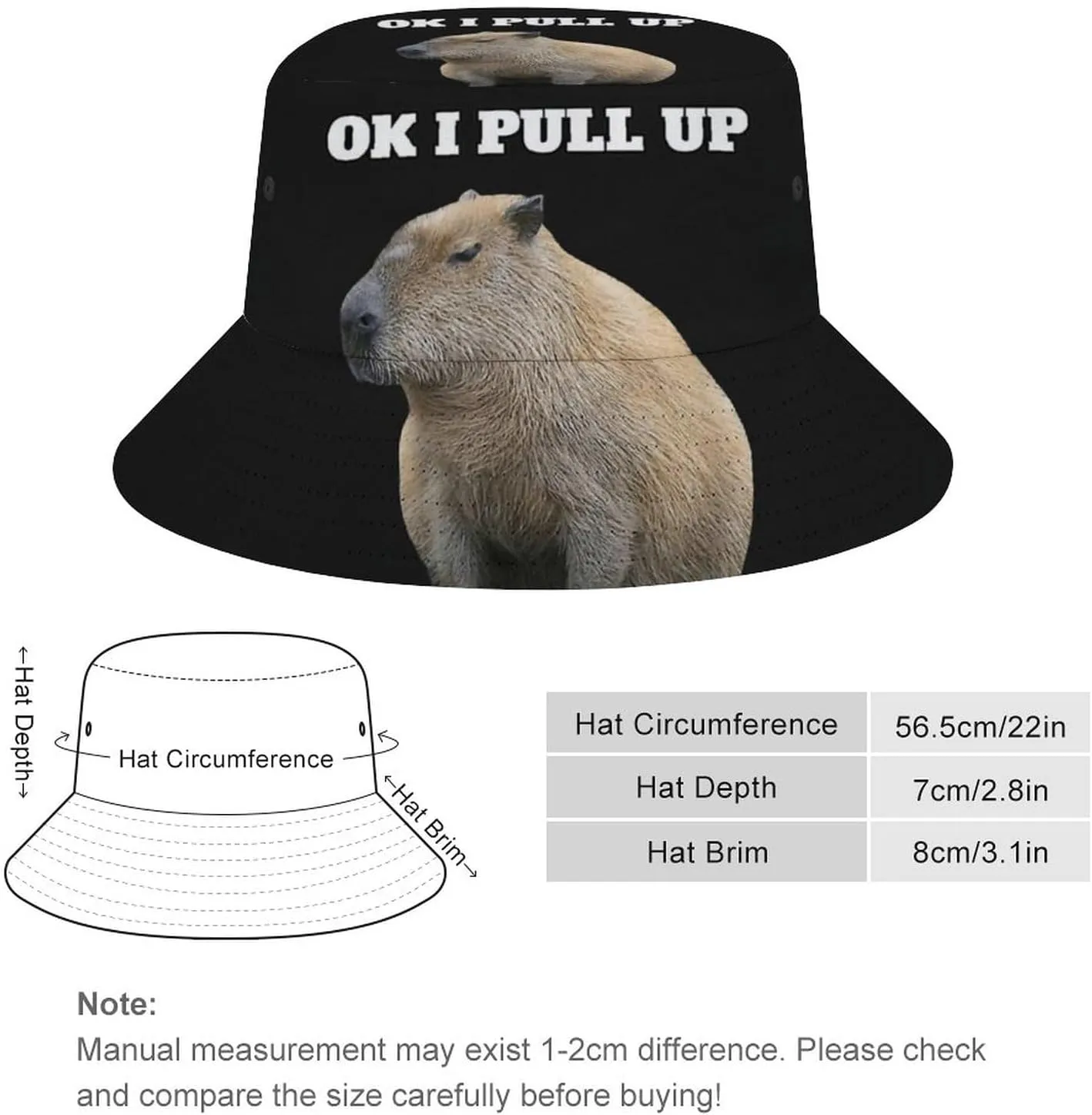 Capybara Ok I Pull Up Men's Women's Bucket Hat Summer Vacation Travel Beach Sun Hat Packable Lightweight Outdoor Hat