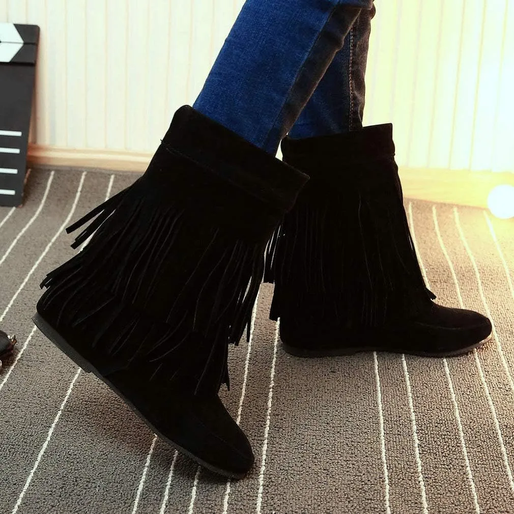 Caradise Womens Faux Suede 2 Layer Tassel Fringe Ankle Boots Flat Mid Calf Boots