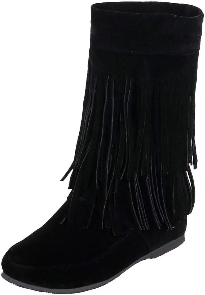 Caradise Womens Faux Suede 2 Layer Tassel Fringe Ankle Boots Flat Mid Calf Boots