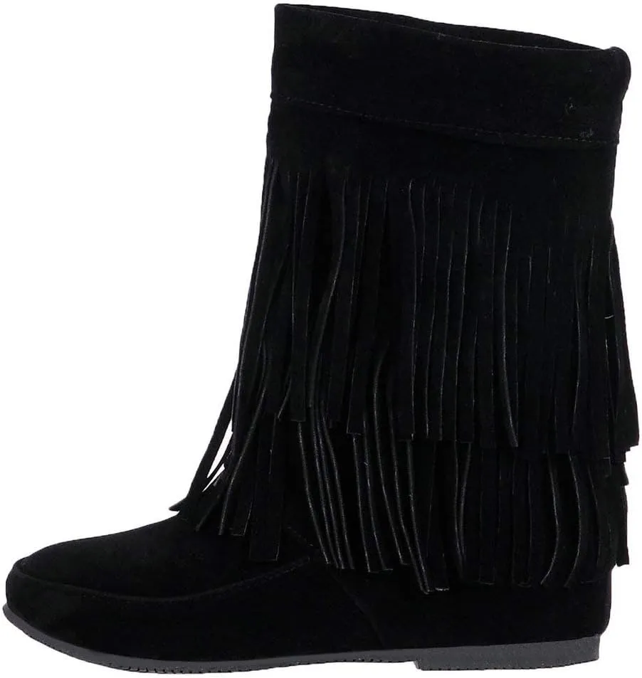 Caradise Womens Faux Suede 2 Layer Tassel Fringe Ankle Boots Flat Mid Calf Boots