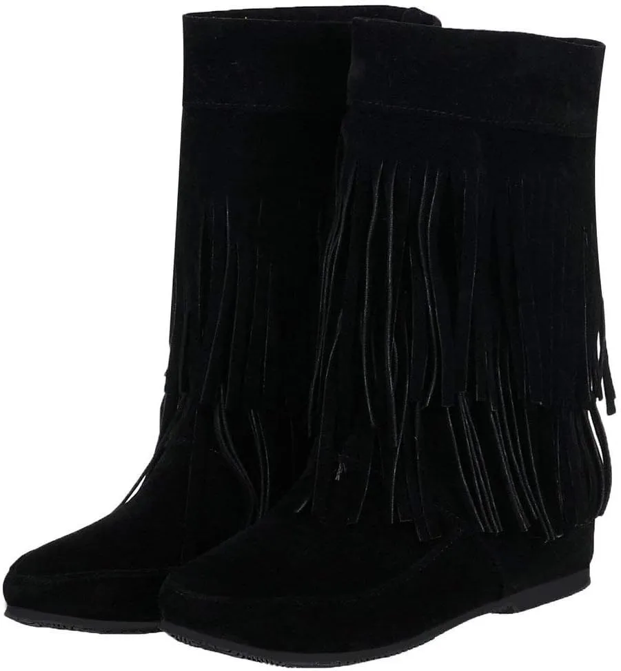 Caradise Womens Faux Suede 2 Layer Tassel Fringe Ankle Boots Flat Mid Calf Boots