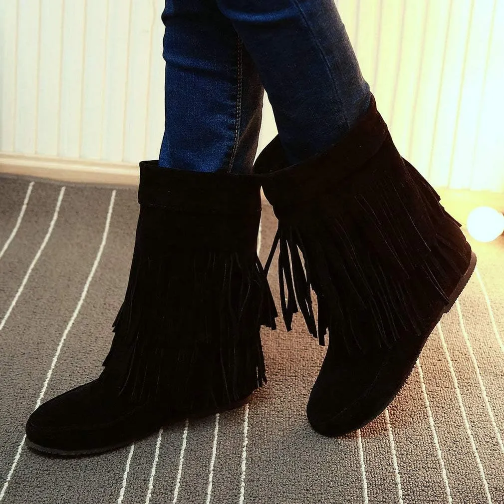 Caradise Womens Faux Suede 2 Layer Tassel Fringe Ankle Boots Flat Mid Calf Boots
