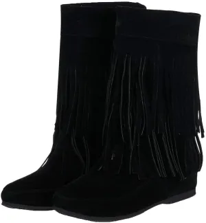 Caradise Womens Faux Suede 2 Layer Tassel Fringe Ankle Boots Flat Mid Calf Boots