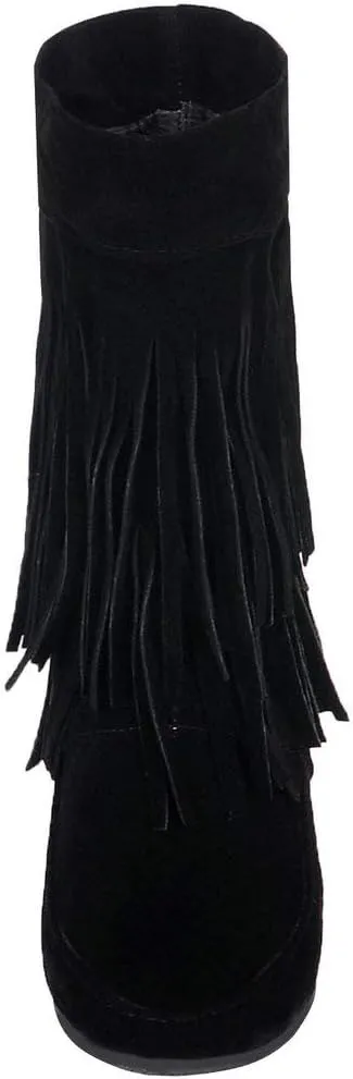 Caradise Womens Faux Suede 2 Layer Tassel Fringe Ankle Boots Flat Mid Calf Boots