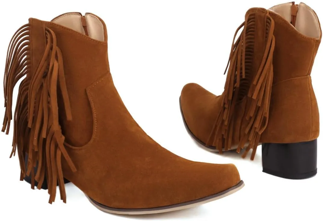 Caradise Womens Tassel Fringe Cowboy Boots Faux Suede Chunky High Heel Ankle Boots