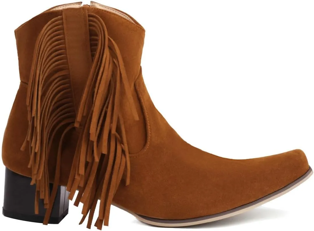 Caradise Womens Tassel Fringe Cowboy Boots Faux Suede Chunky High Heel Ankle Boots
