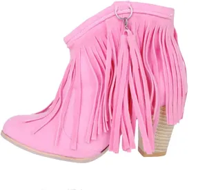Caradise Womens Tassel Fringe Cowboy Boots Faux Suede Chunky High Heel Ankle Boots