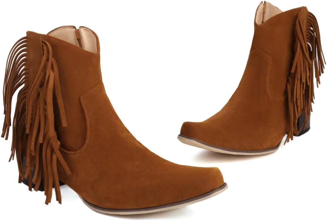 Caradise Womens Tassel Fringe Cowboy Boots Faux Suede Chunky High Heel Ankle Boots