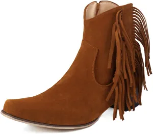 Caradise Womens Tassel Fringe Cowboy Boots Faux Suede Chunky High Heel Ankle Boots