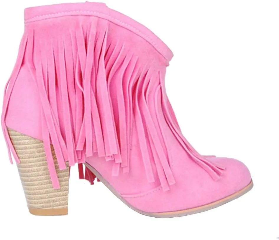 Caradise Womens Tassel Fringe Cowboy Boots Faux Suede Chunky High Heel Ankle Boots