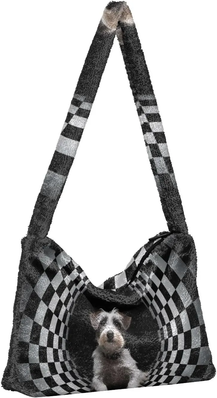 Cartoon Probe Black and White Bulldog Women Shoulder Bag Tote, Plush Tote Bag Women, Womens Outdoor Bag