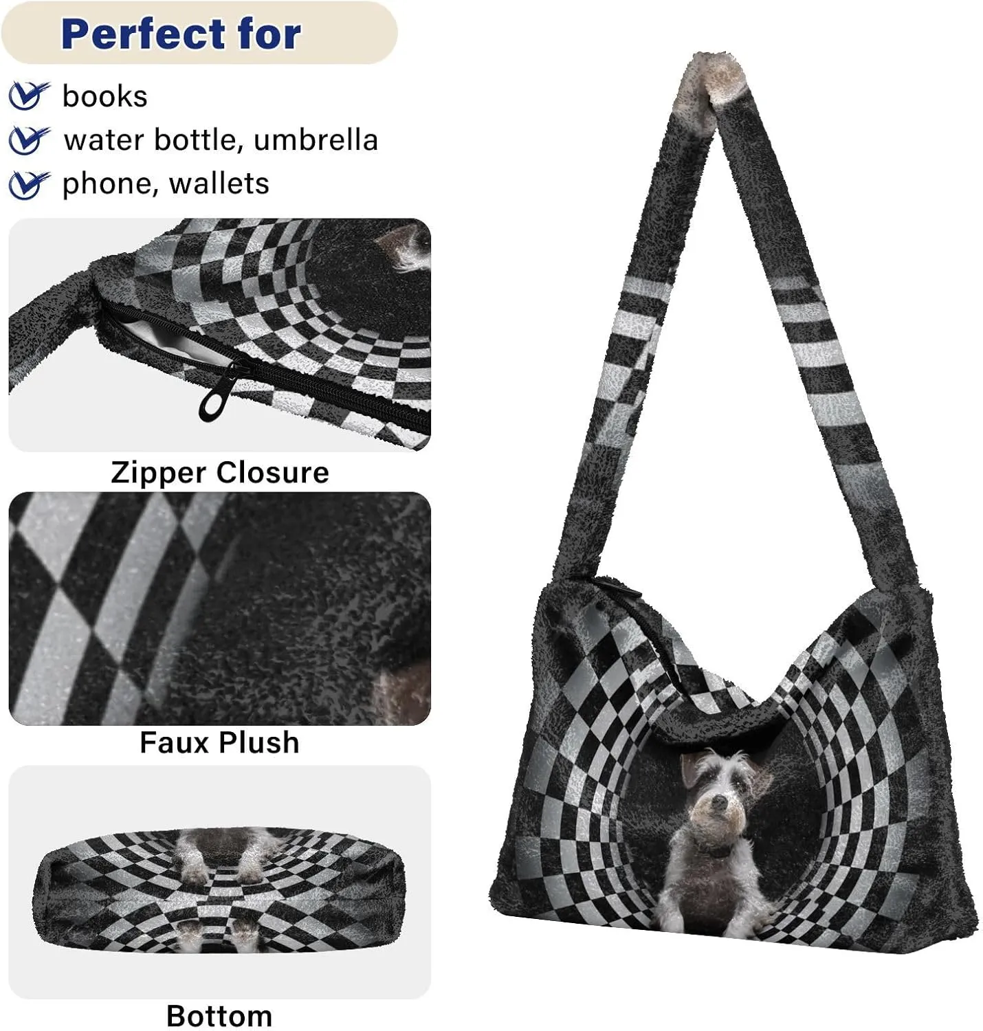 Cartoon Probe Black and White Bulldog Women Shoulder Bag Tote, Plush Tote Bag Women, Womens Outdoor Bag