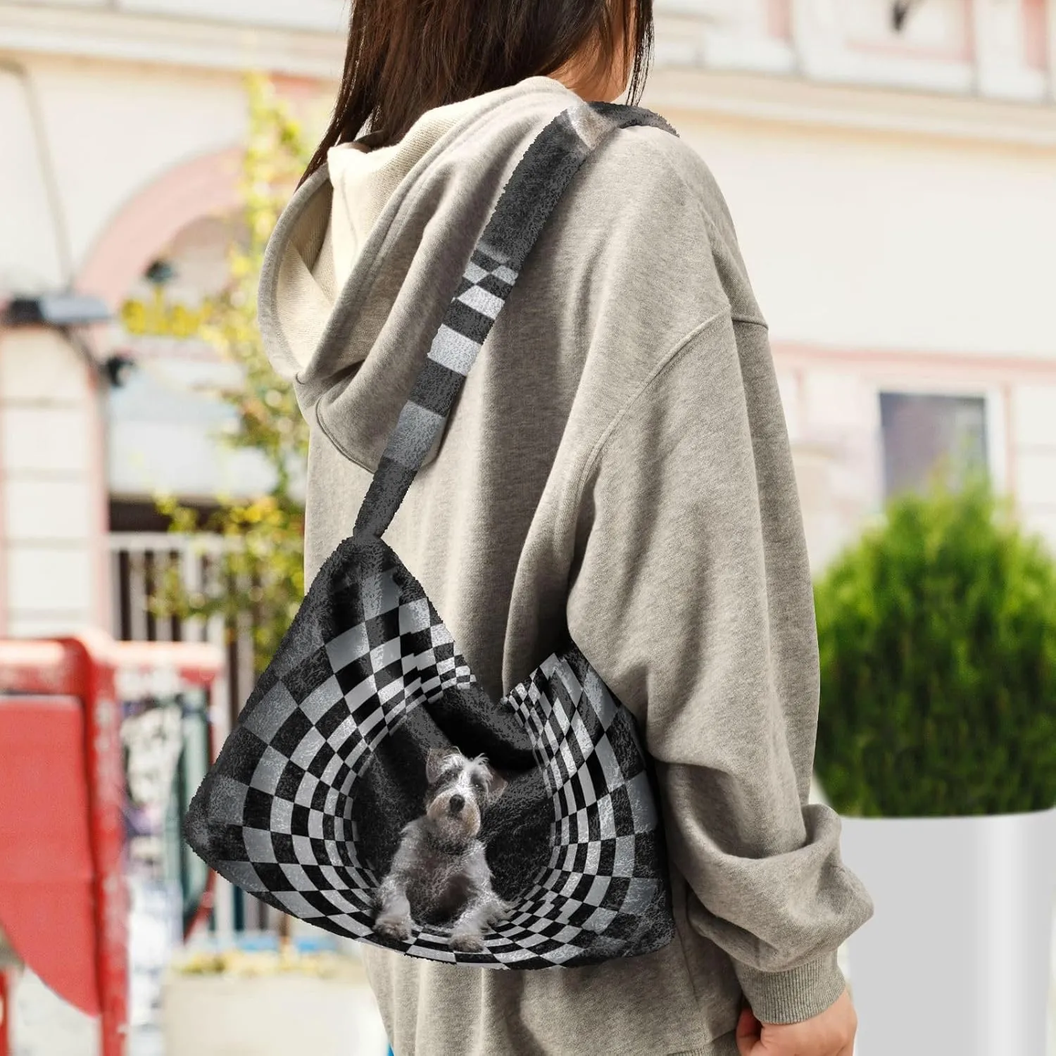 Cartoon Probe Black and White Bulldog Women Shoulder Bag Tote, Plush Tote Bag Women, Womens Outdoor Bag