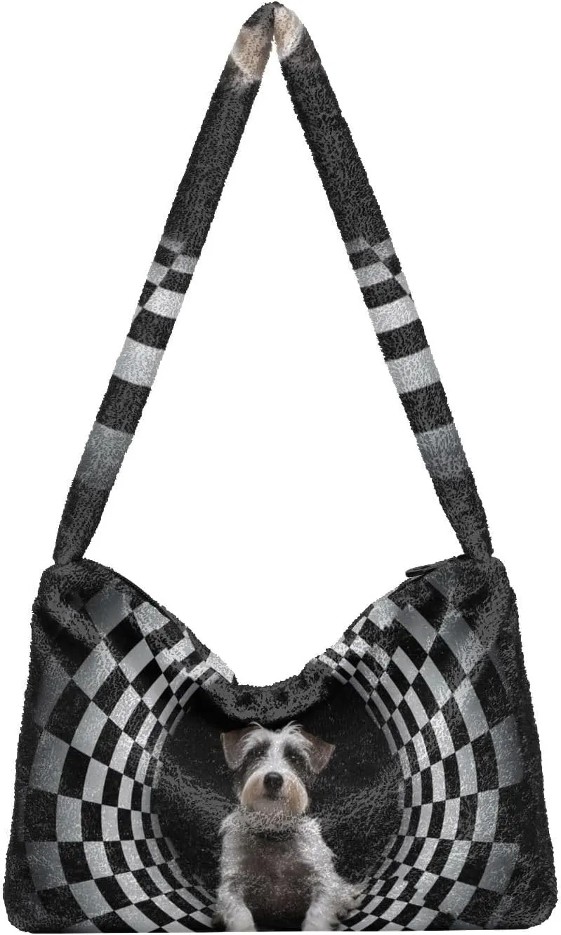 Cartoon Probe Black and White Bulldog Women Shoulder Bag Tote, Plush Tote Bag Women, Womens Outdoor Bag
