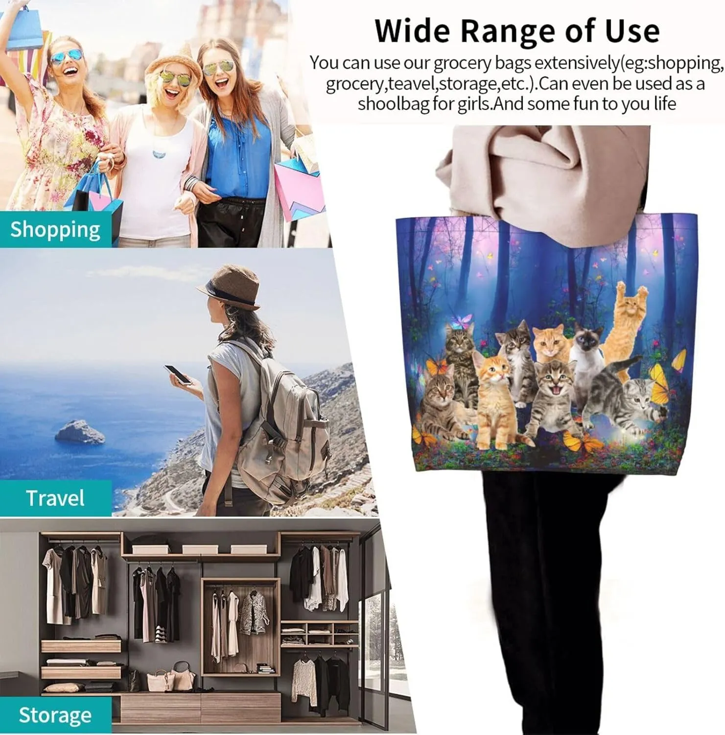 Cat Canvas Tote Bag Cute Cat Shoulder Bag Handbag Cute Animal Casual Cat Grocery Bags Cute Bag for Outdoors