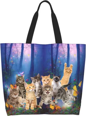 Cat Canvas Tote Bag Cute Cat Shoulder Bag Handbag Cute Animal Casual Cat Grocery Bags Cute Bag for Outdoors