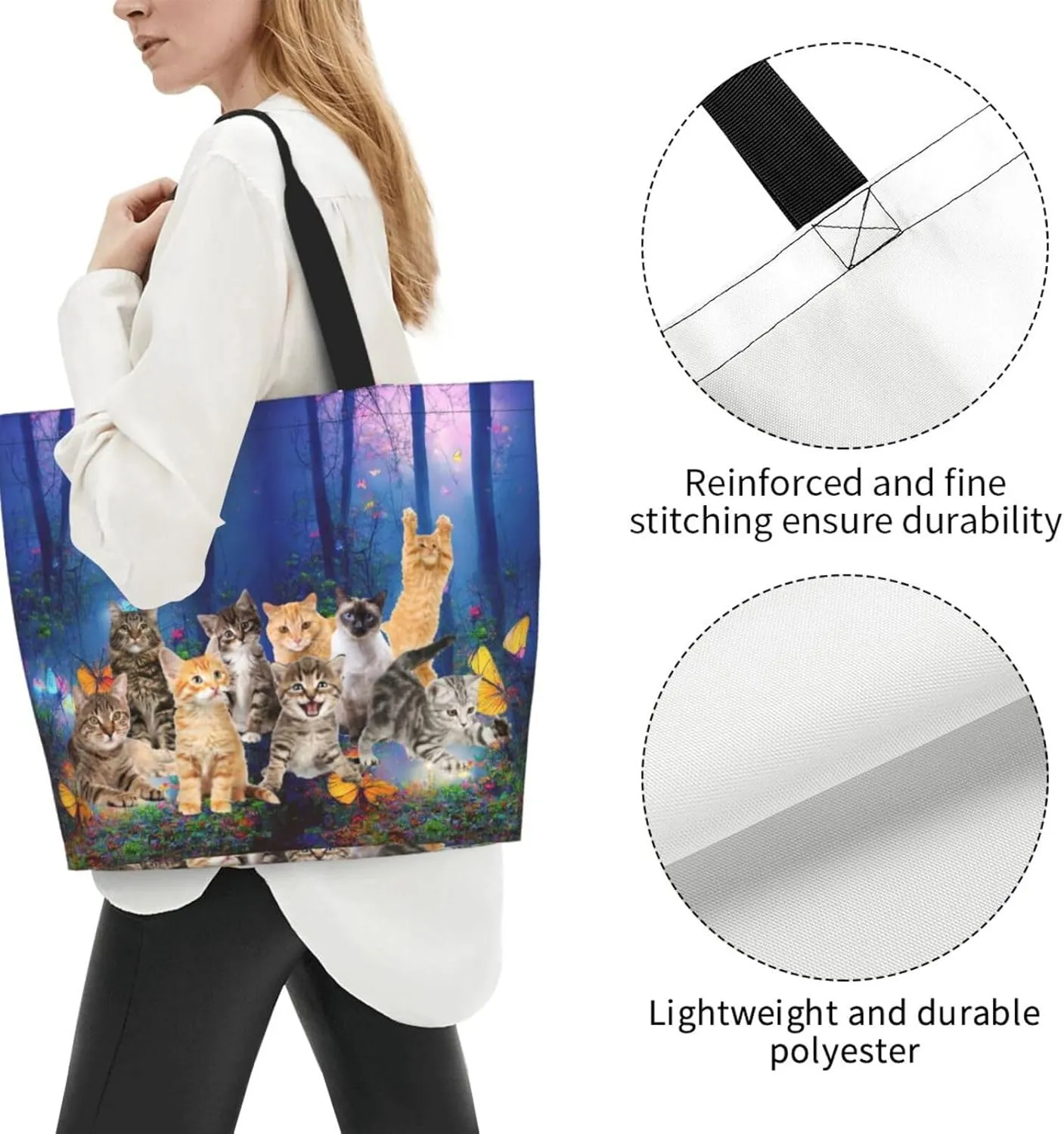 Cat Canvas Tote Bag Cute Cat Shoulder Bag Handbag Cute Animal Casual Cat Grocery Bags Cute Bag for Outdoors
