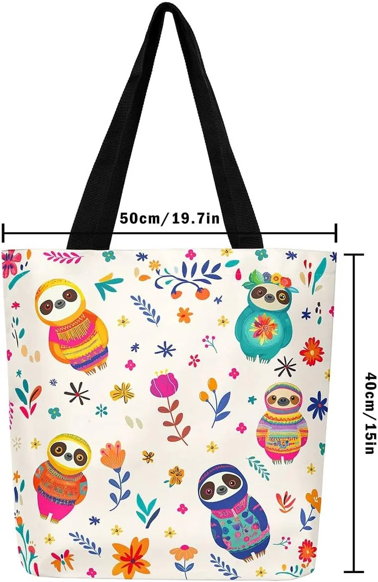 Cat Tote Bag,Cartoon Cat Flowers Canvas Tote Bag