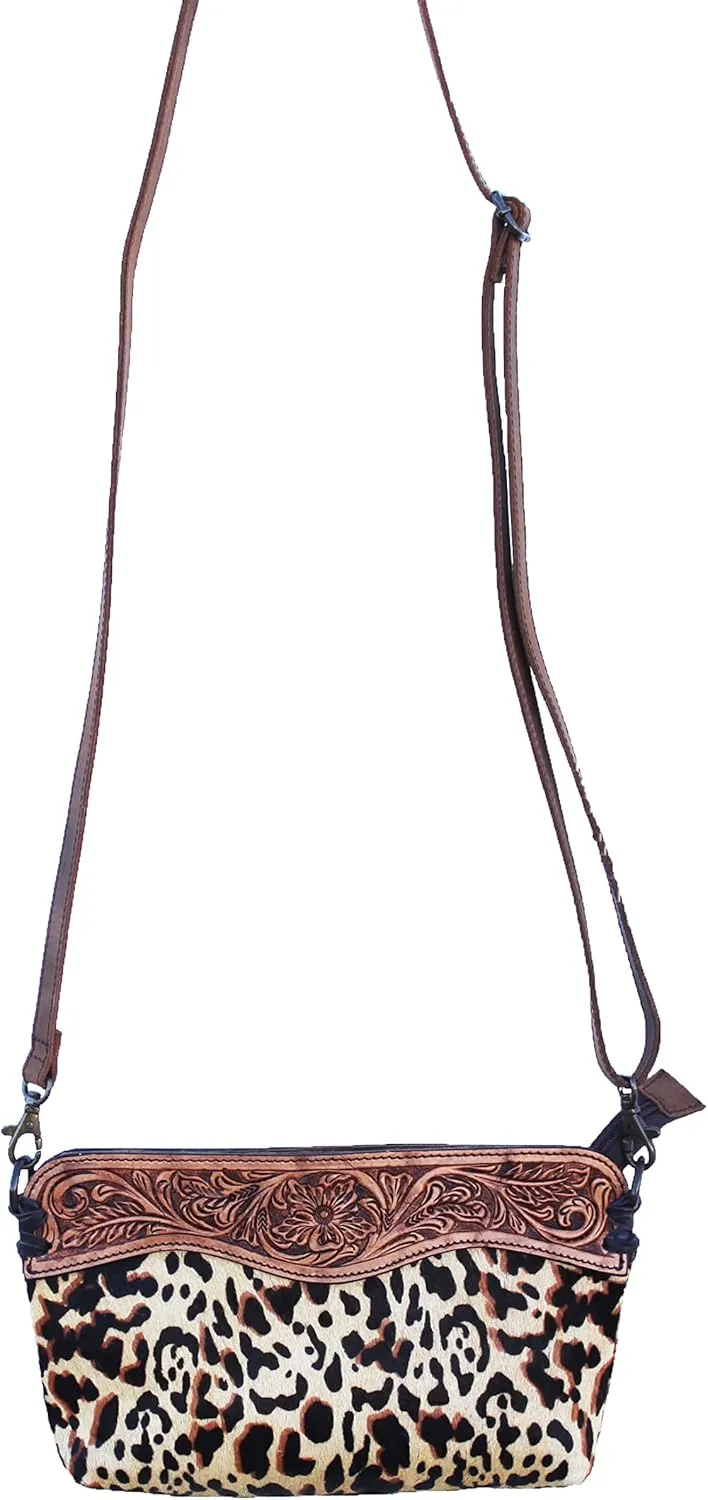CHALLENGER Women's Hair-On Western Rodeo Fashion Cowhide Genuine Leather Floral Tooled Shoulder Bag Purse 27FK77LPD