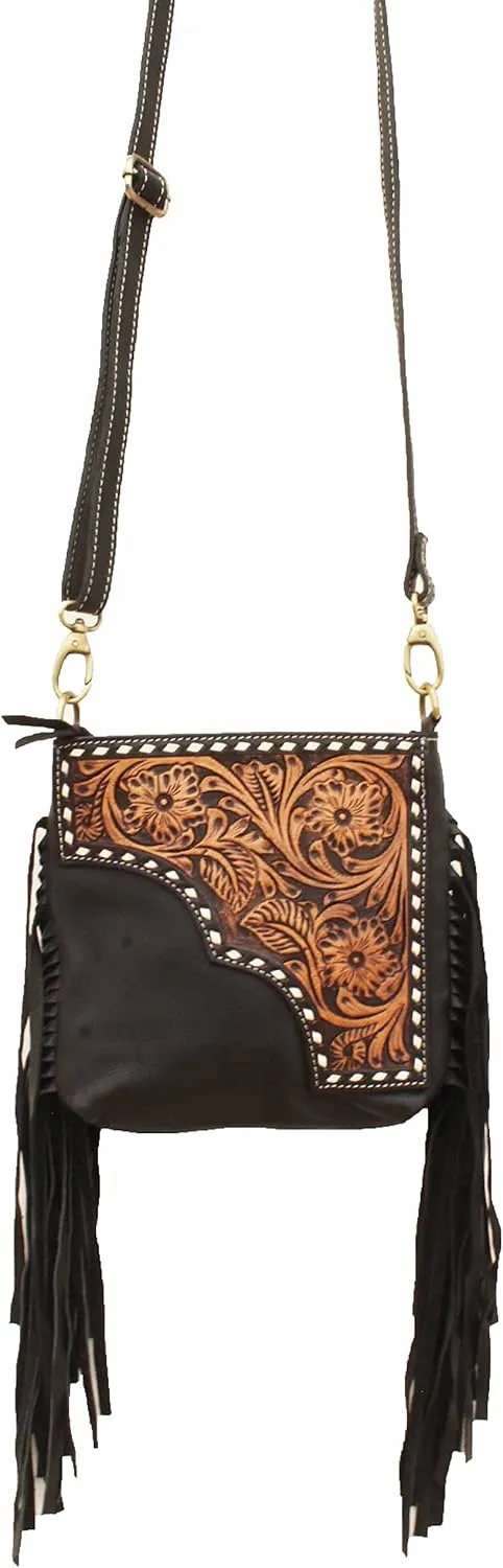CHALLENGER Women's Western Floral Tooled Black Leather Shoulder Purse Handbag Fringe 18RTH02
