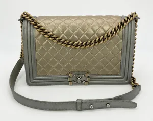 Chanel Gold Silver Leather Medium Boy Bag Classic Flap