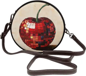 Cherry Red Disco Ball Women Round Crossbody Bags Leather Sling Bag Purse