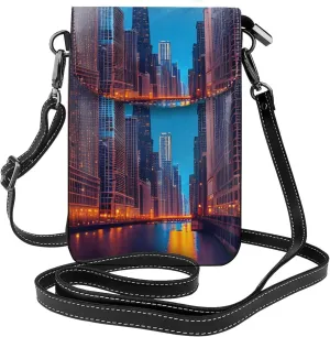 Chicago Night Print Small Cell Phone Leather Purse Adjustable Shoulder Rope Crossbody Bags For Women