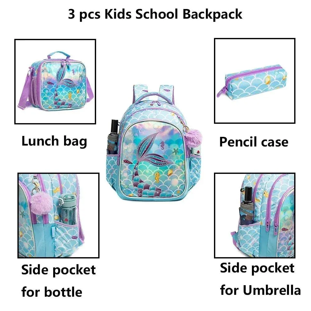 Childrens School Backpack Set with Lunch Bag Pencil Case Waterproof School Bags for Girls Mermaid Backpack Child Girl Book Bag