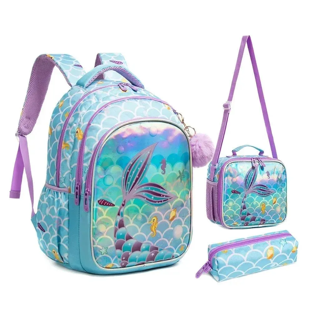 Childrens School Backpack Set with Lunch Bag Pencil Case Waterproof School Bags for Girls Mermaid Backpack Child Girl Book Bag