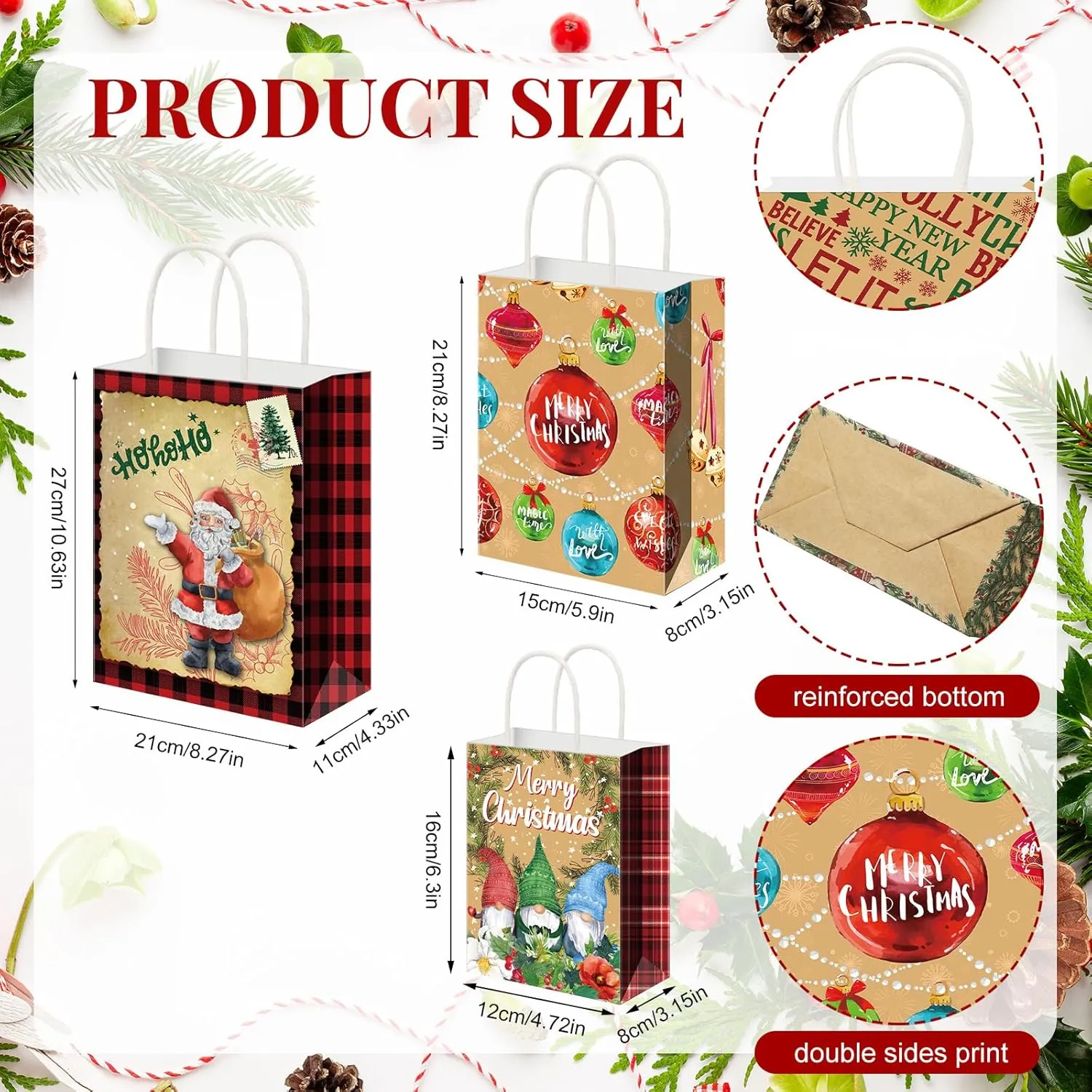 Cholemy 40 Pack Christmas Bags Bulk with 40 Tissue Paper Reusable Christmas Goody Sack Kraft Xams Gift Tote Bags with Handles(4.72 x 6.3 x 3.15 in, 8.27 x 5.91 x 3.15 in, 8.27 x 10.63 x 4.33 in)