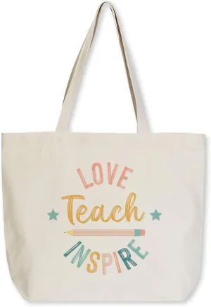 Clairmont & Co Cute Everyday Travel Tote Handbag For Shopping, 15 x 18 Inch Natural Canvas, Love Teach Inspire