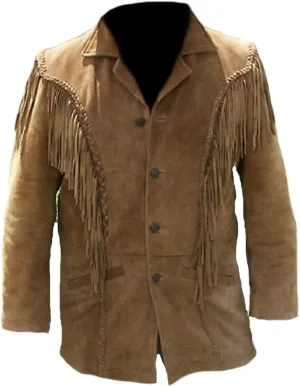 Classyak Men's Cowboy Jacket Western Fringed Suede Leather Coat